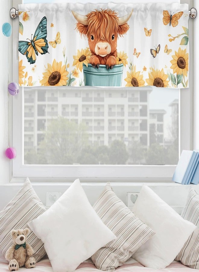 ZoUbqchY Highland Cow Sunflowers Curtains Valances Rod Pocket Highland Yak Floral Valance Window Treatments Spring Farm Short Curtains for Kitchen Living Room Bedroom Bathroom 54x18 Inch 1 Pack - Image 1